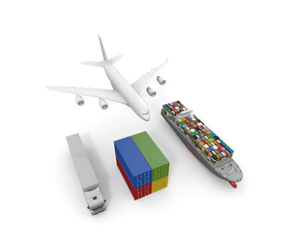 Truck, container, ship, and airplane
